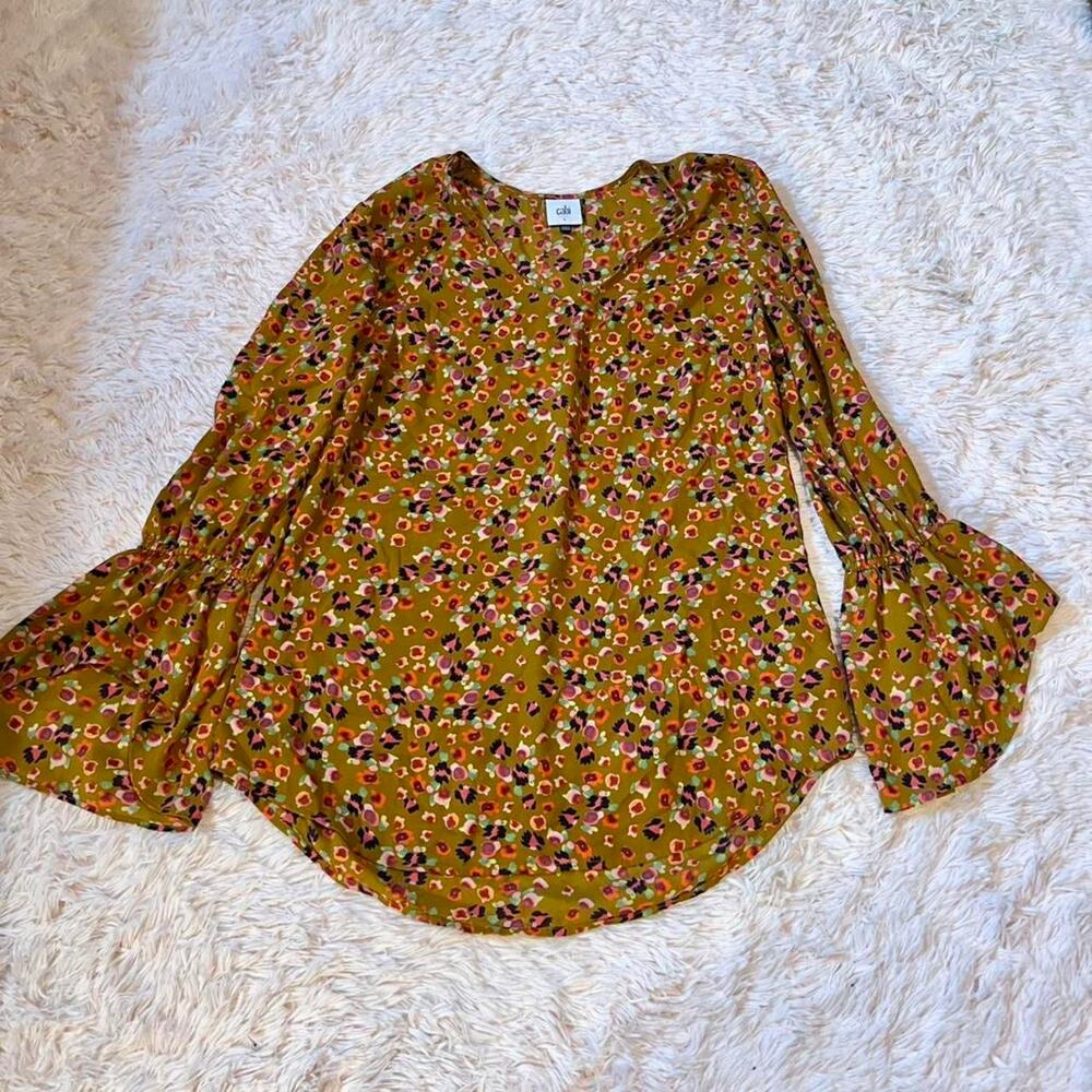Cabi Retro Floral Yellow Boho Hippie Bell Sleeve Cottage Core Indie Disco Blouse